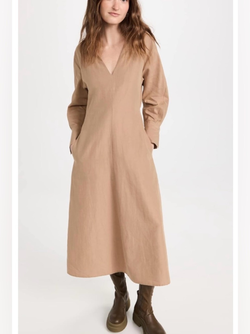 VINCE Cotton/Linen Chemisier Shaped Collar V-Neck Long Sleeve Dress - Picture 5 of 6